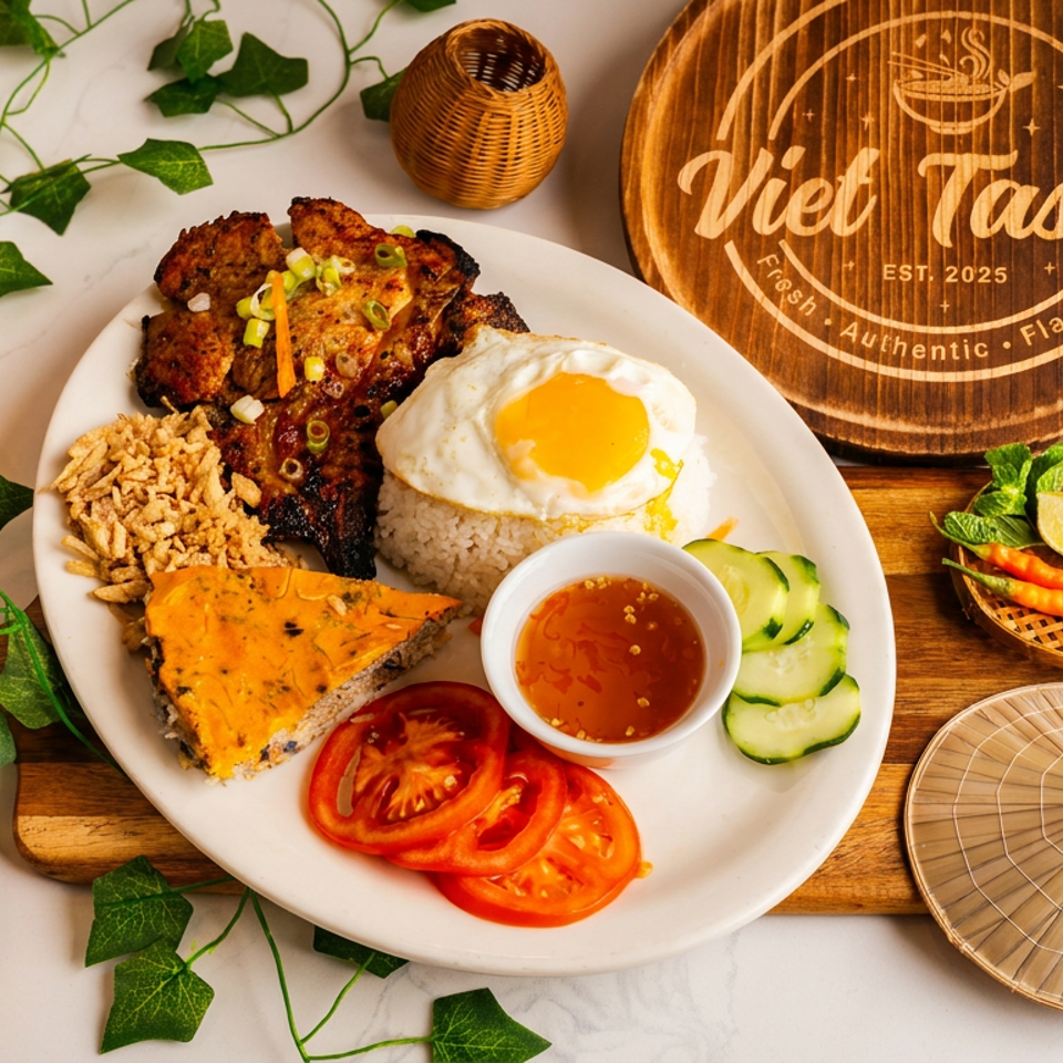 Vietnamese-style platter with grilled meat, rice, fried egg, vegetables, dipping sauce, and chili garnish beside a Viet Tasten sign.
