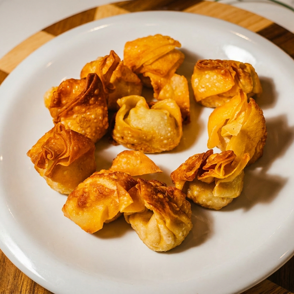 Plate of golden fried pastries arranged on a white dish over a wooden board, with ivy and a checkered napkin nearby.