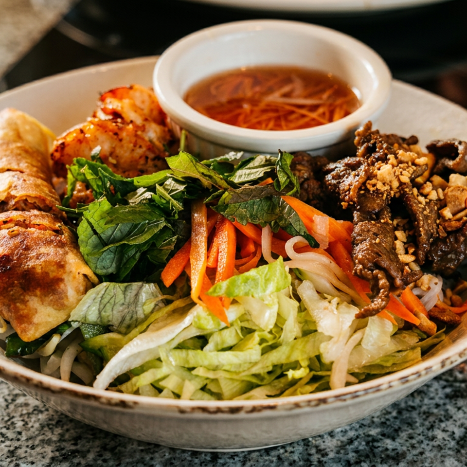 Vietnamese vermicelli bowl topped with grilled shrimp, spring rolls, beef, fresh herbs, vegetables, and dipping sauce.