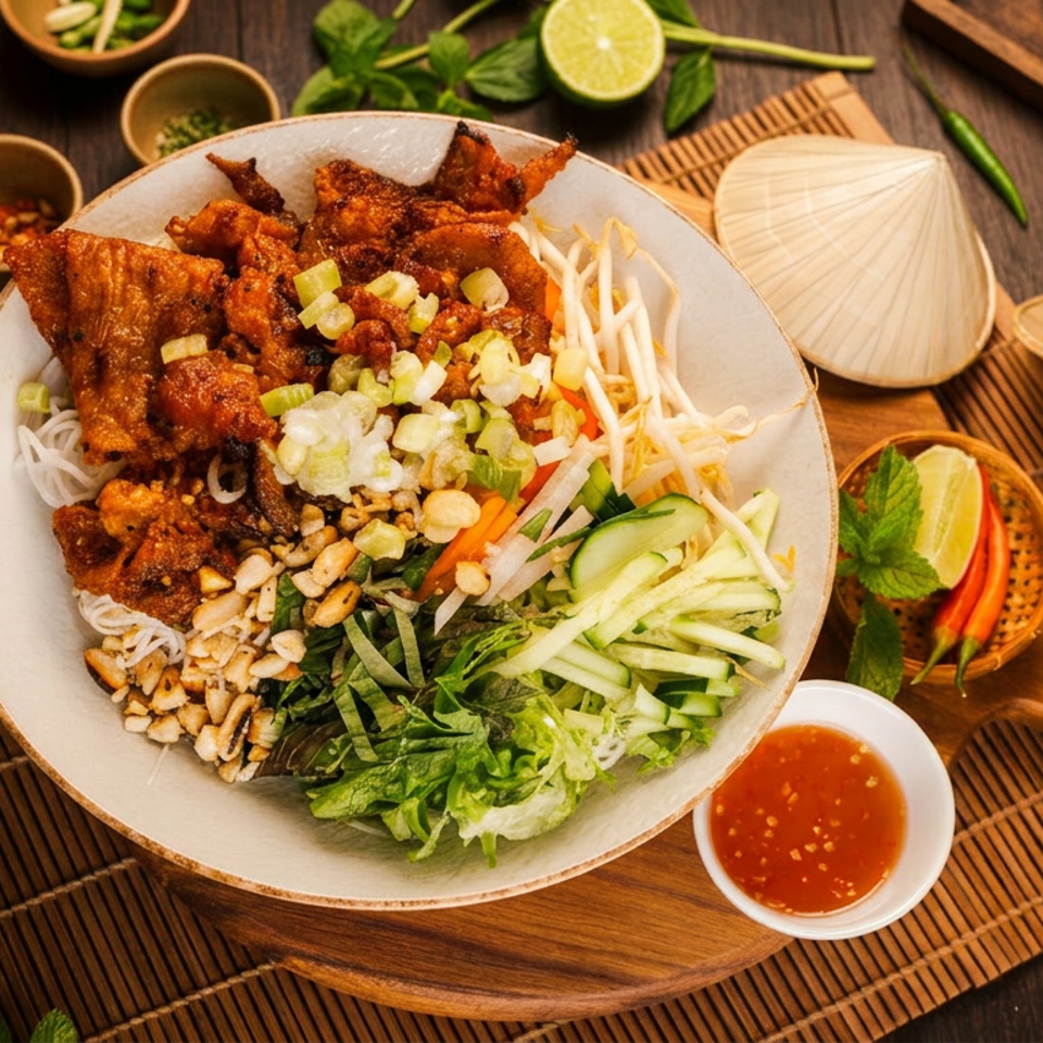 Vietnamese vermicelli bowl topped with grilled meat, fresh herbs, vegetables, peanuts, and dipping sauce on a bamboo mat.