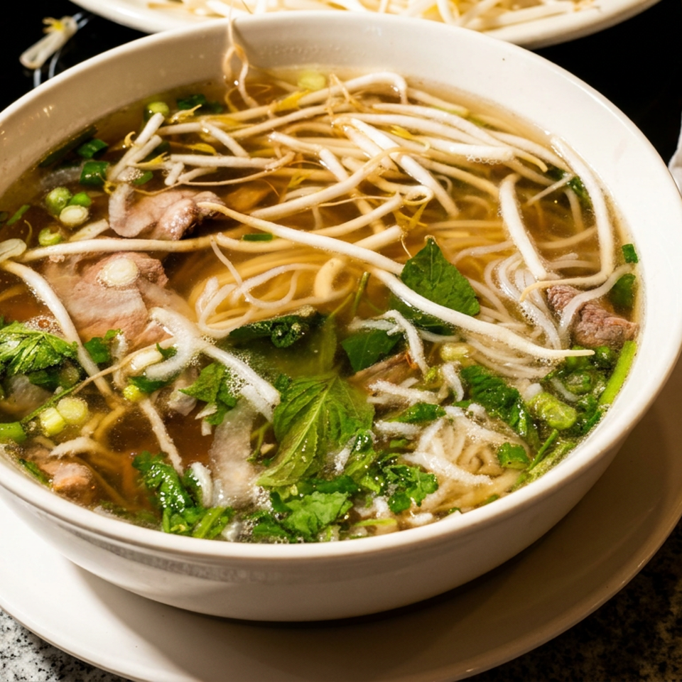 Bowl of Vietnamese pho with rice noodles, sliced beef, bean sprouts, herbs, and scallions on a restaurant table.