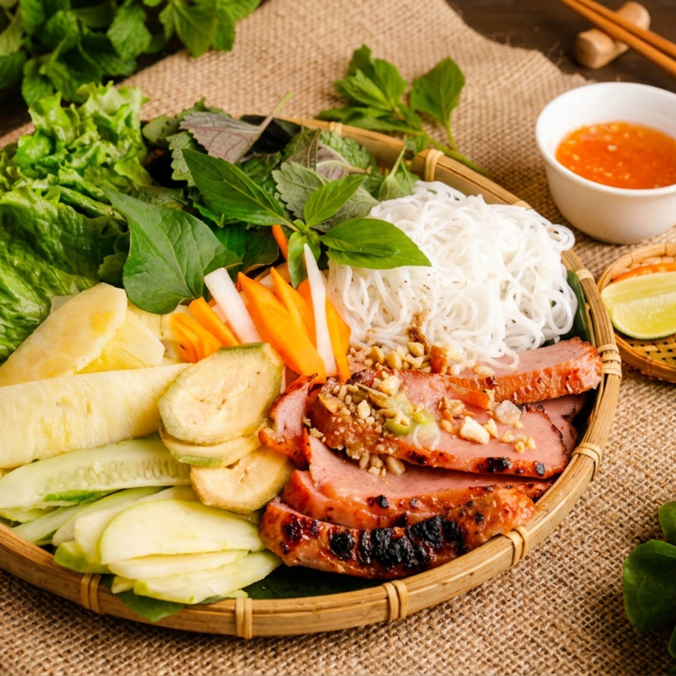 Vietnamese platter with grilled pork, rice noodles, fresh herbs, lettuce, vegetables, lime, and chili dipping sauce.