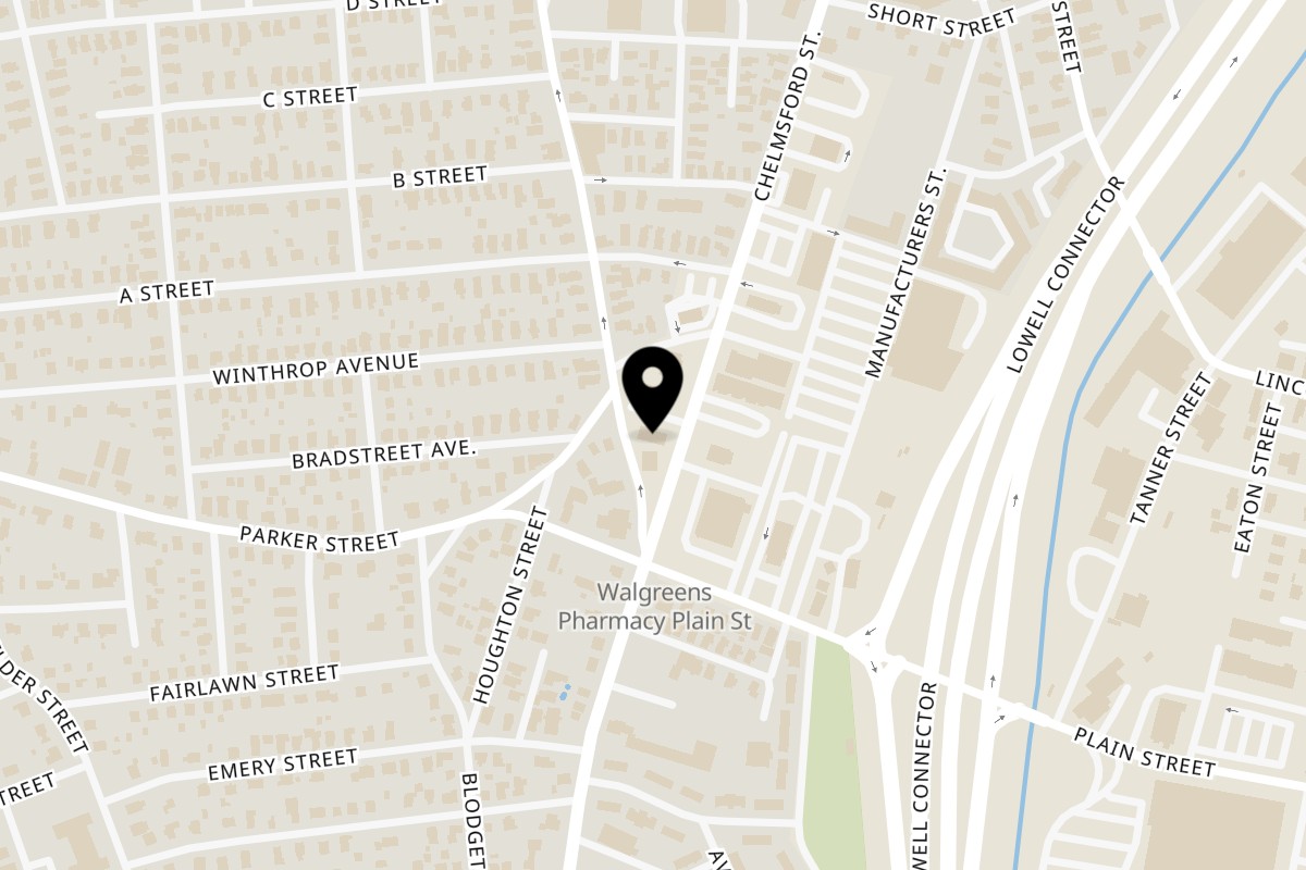 Map showing the location of Viet Tastes on 475 Chelmsford St in Lowell